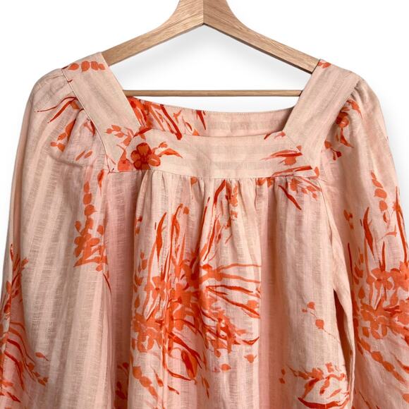 Joie 100% Linen Balloon Sleeve Square Neck Floral Peasant Blouse Women's Size S - Picture 3 of 9